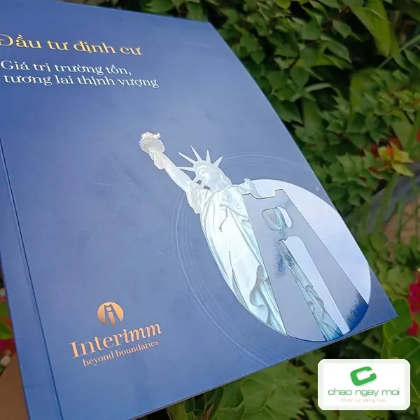 Bìa brochure Interimm với hình tượng Nữ thần Tự do