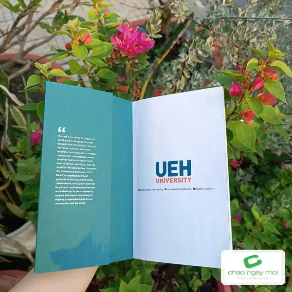 Cuốn sách đóng gáy mở trang bìa trong, cho thấy phần gáy gọn và chắc