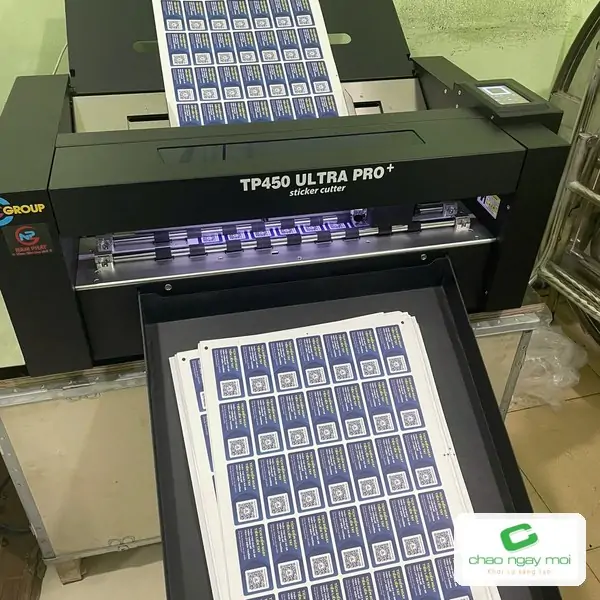 Máy cắt decal tự động đang cắt tờ in nhiều nhãn